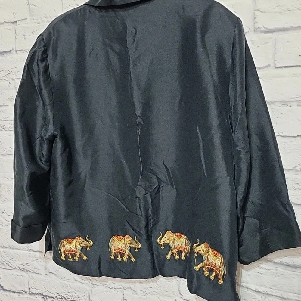 SILKLAND 100% Silk Black Jacket Button Up Embroidered Elephants Size‎ 16 Women's